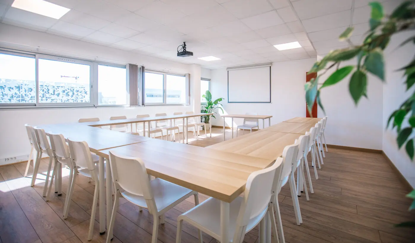 Salle de formation bois clair lumineuse Millénaire Montpellier — 12 à 16 personnes WiFi fibre formation professionnelle